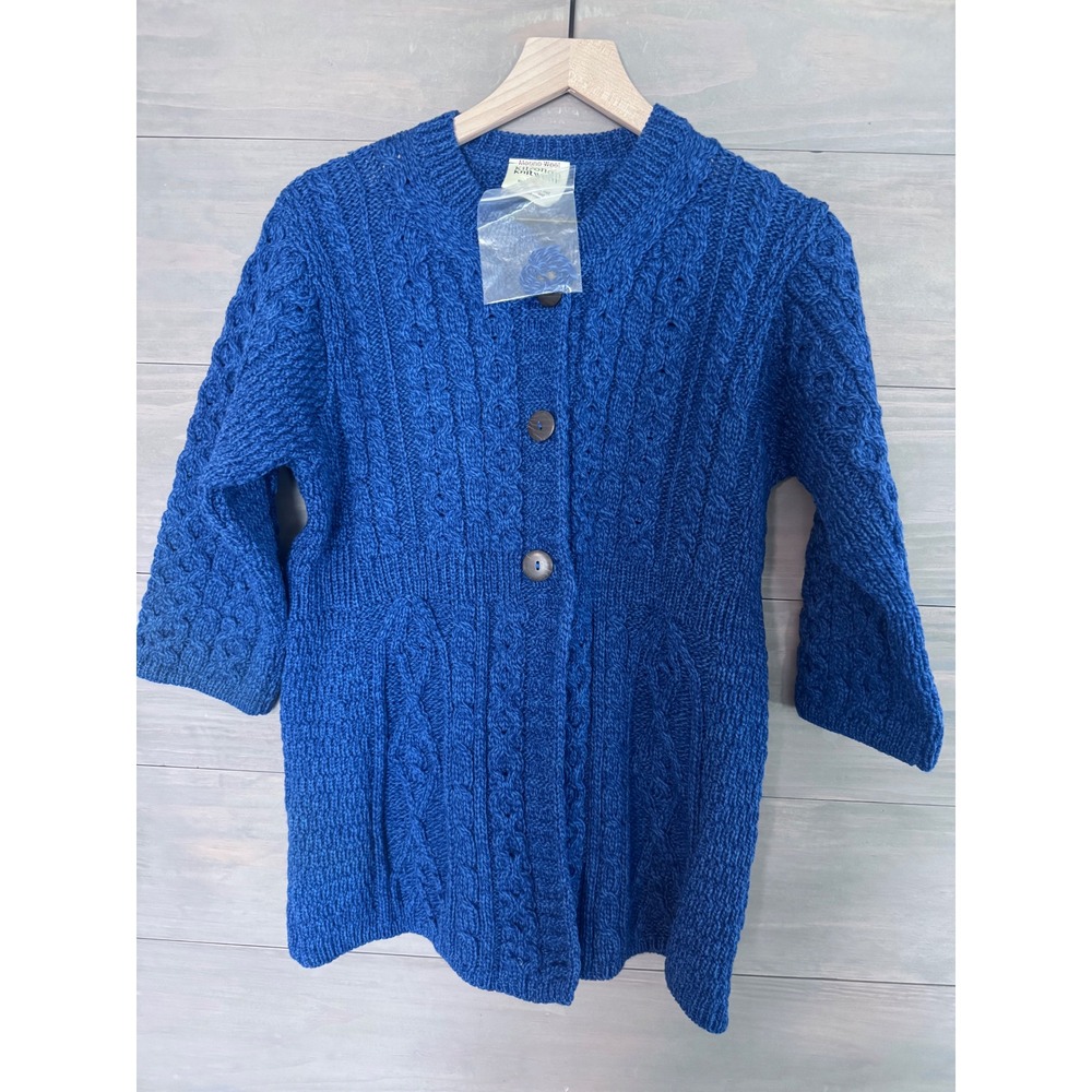 Kilronan Knitwear Blue Merino Wool‎ Cable Knit Cardigan Sweater Made in Ireland